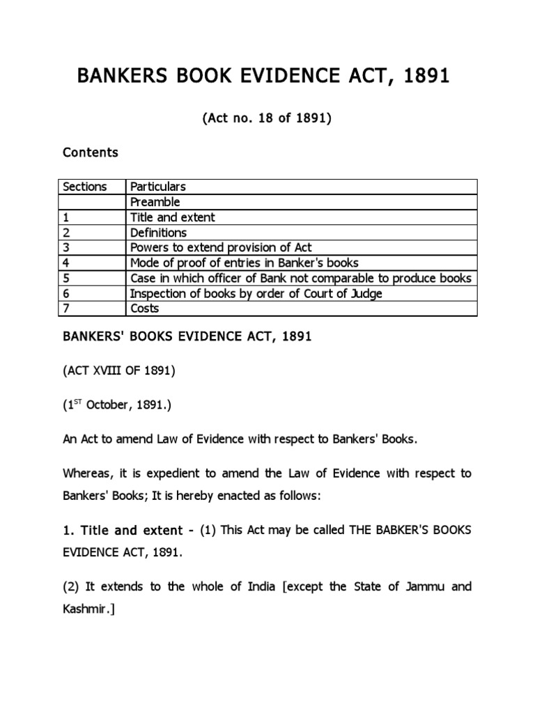 Bankers Book Evidence Act, 1891 Banks Evidence