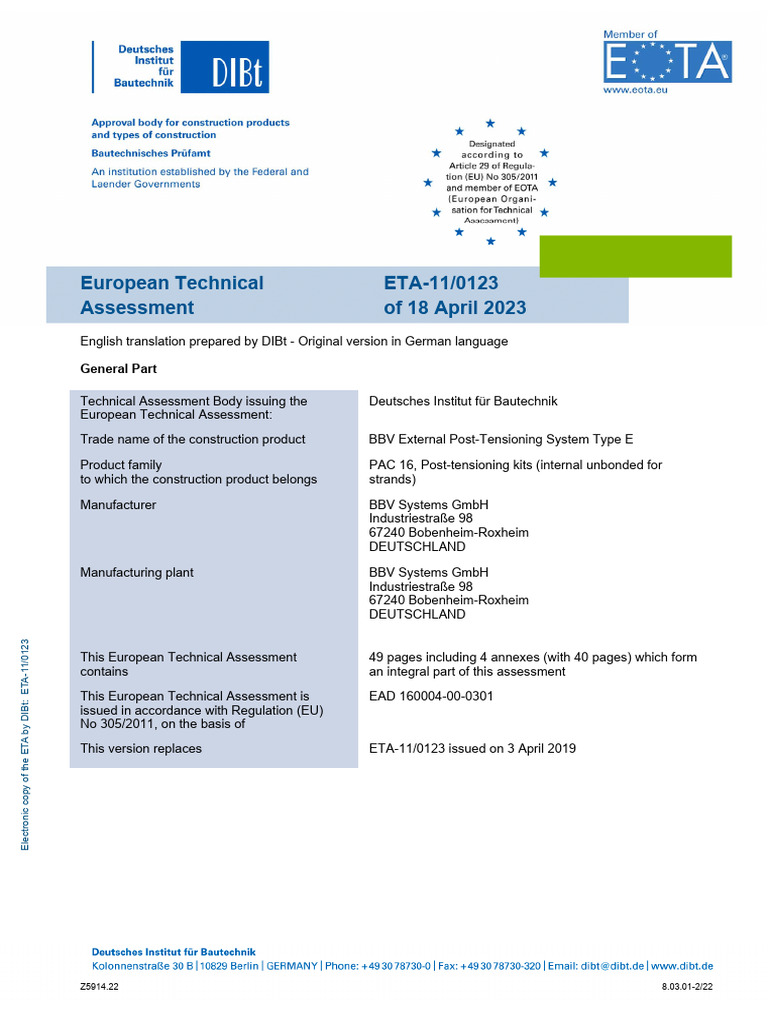 BBV External Post-Tensioning System ETA | PDF | Prestressed Concrete ...