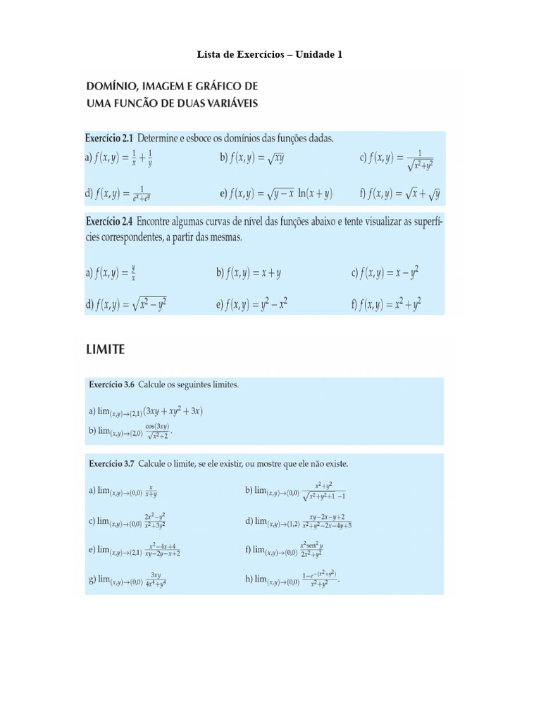 Lista de Exercícios - Unidade 1 | PDF