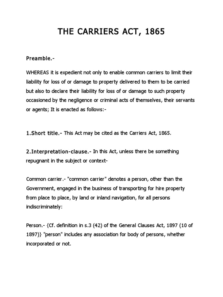 Carriers Act, 1865 Common Carrier Law Of Agency