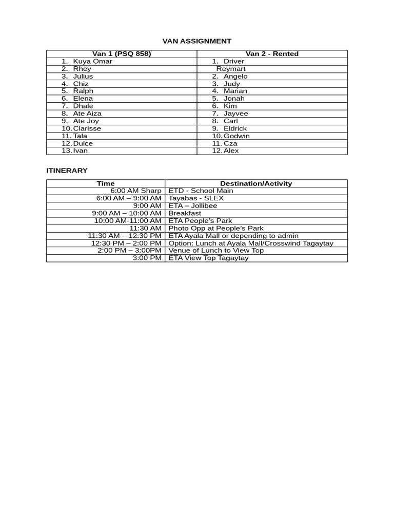 Van Assignment and Itinerary Overview | PDF
