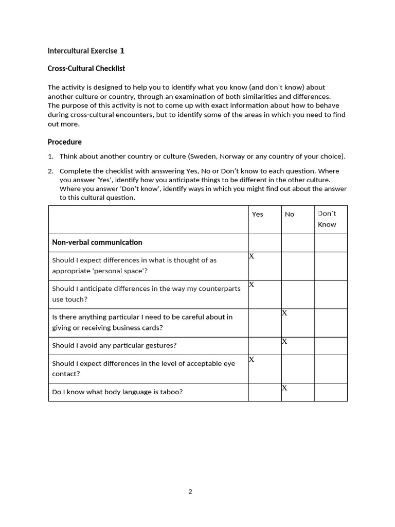 Excercise+1+ +Cross Cultrual+Checklist+%281%29 | PDF | Communication ...