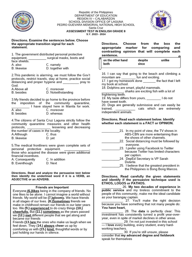 Grade 8 English Assessment Test 2023-2024 | PDF