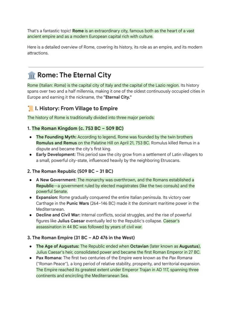 Overview of Rome: History & Attractions | PDF | Rome | Roman Empire