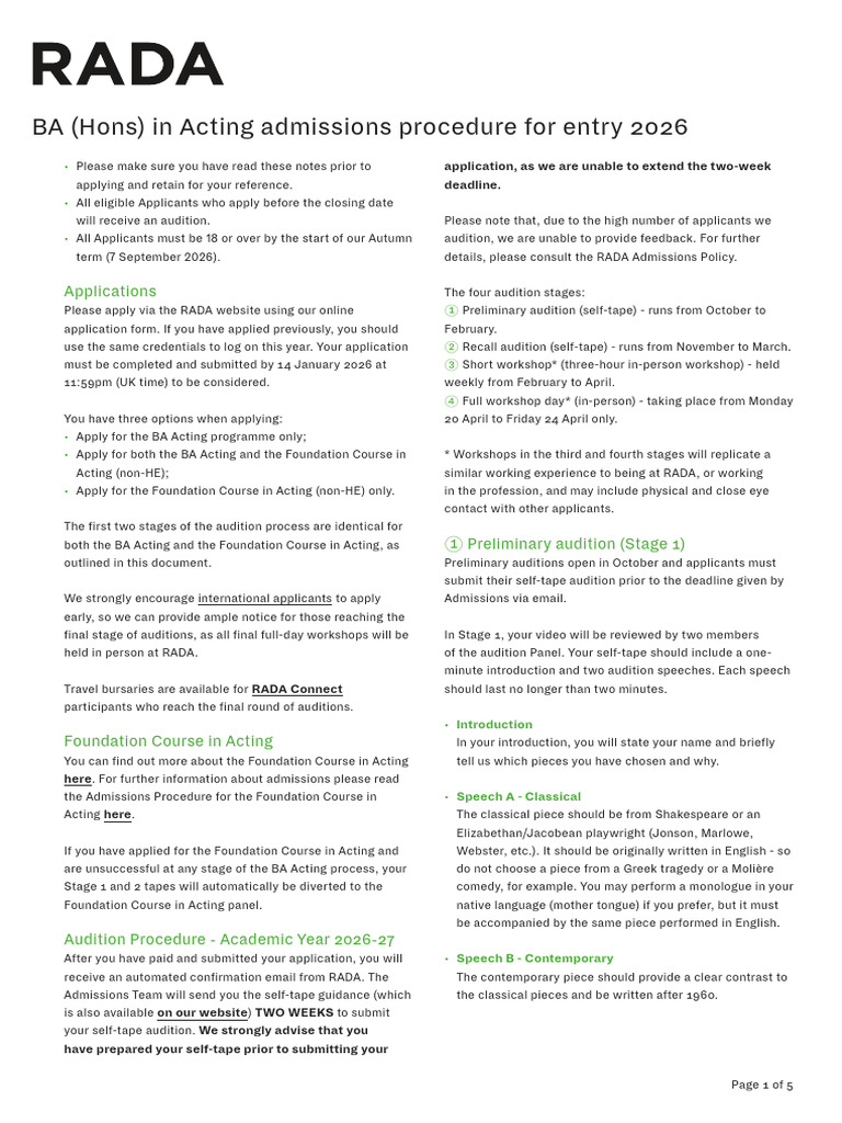 RADA BA Acting Admissions 2026 Guide | PDF | Learning Disability ...