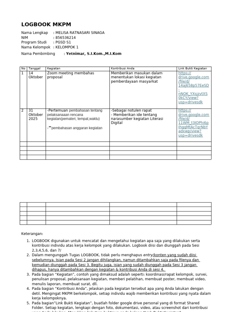 Logbook Kegiatan MKPM PGSD S1 | PDF