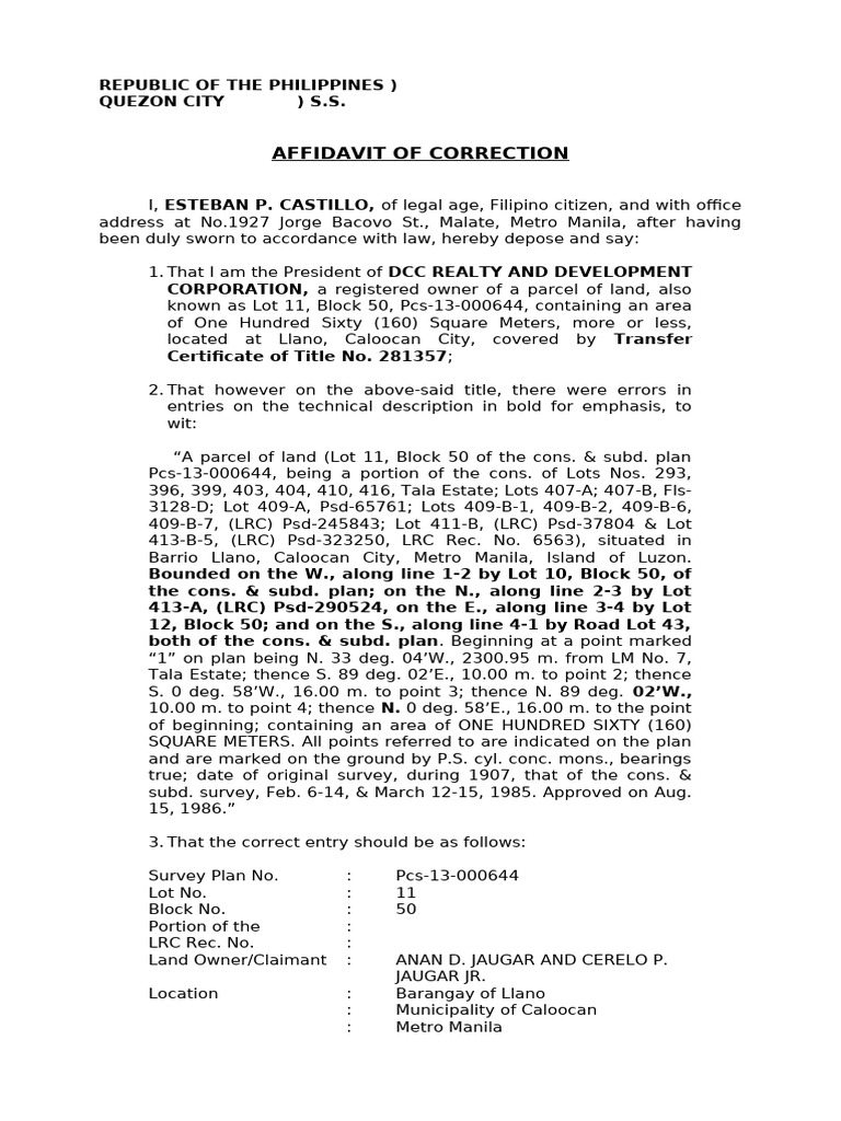 Affidavit of Correction for Title Errors | PDF | Affidavit | Evidence