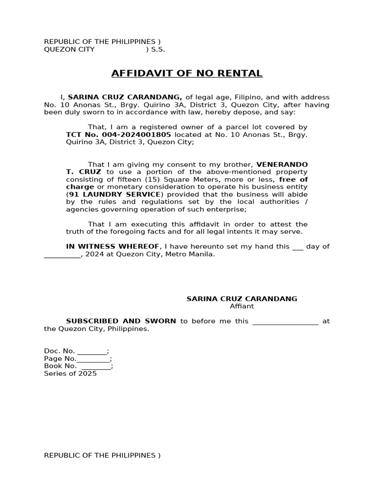 Affidavit of No Rental Agreement | PDF | Affidavit | Civil Law (Common Law)