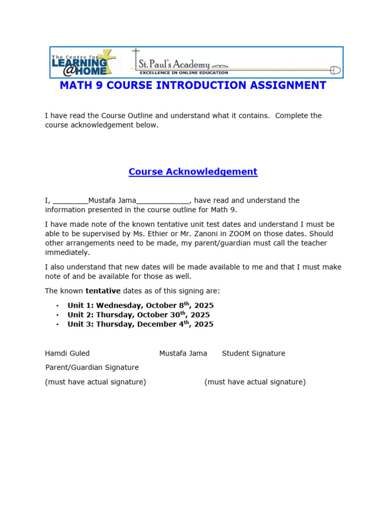 Math 9 Course Acknowledgement Form | PDF