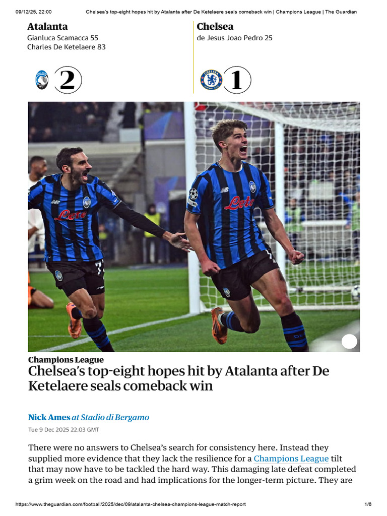 Chelsea’s Top-eight Hopes Hit by Atalanta After de Ketelaere Seals ...