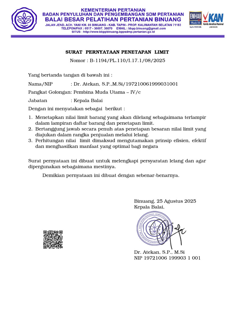 Surat Pernyataan Limit Lelang 2025 | PDF