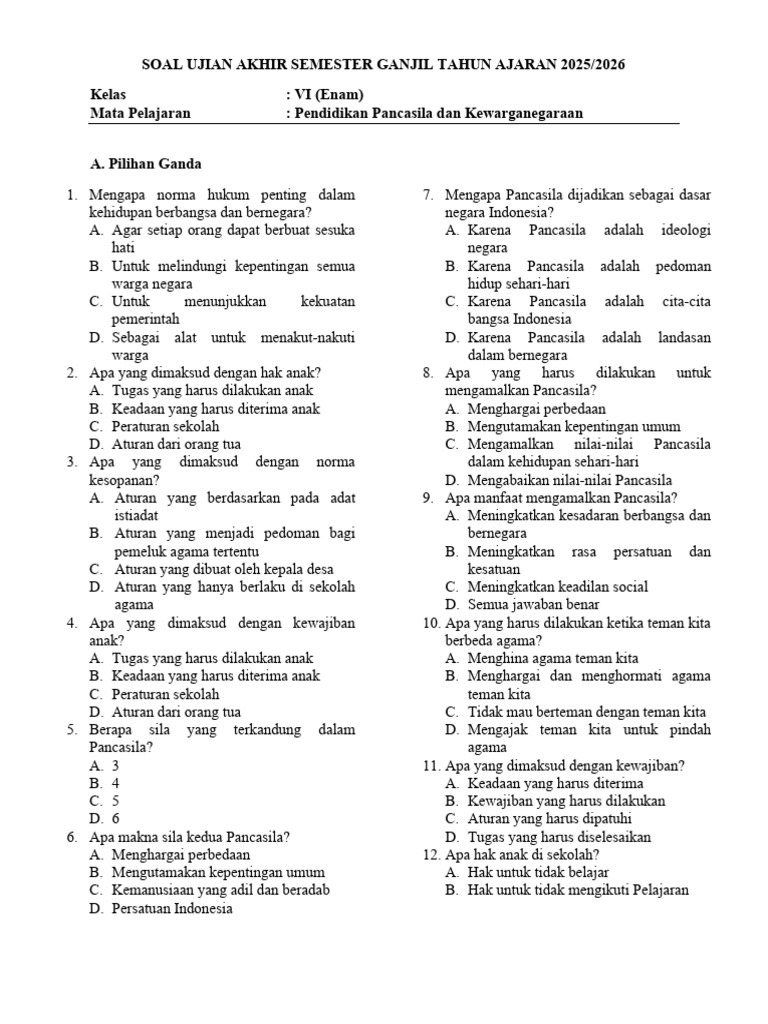 Soal UAS PPKn Kelas VI 2025/2026 | PDF