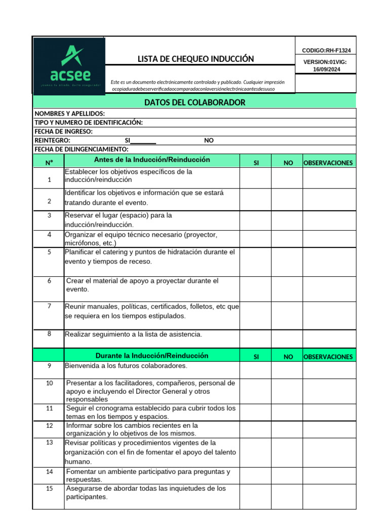 Checklist para Inducción de Colaboradores | PDF