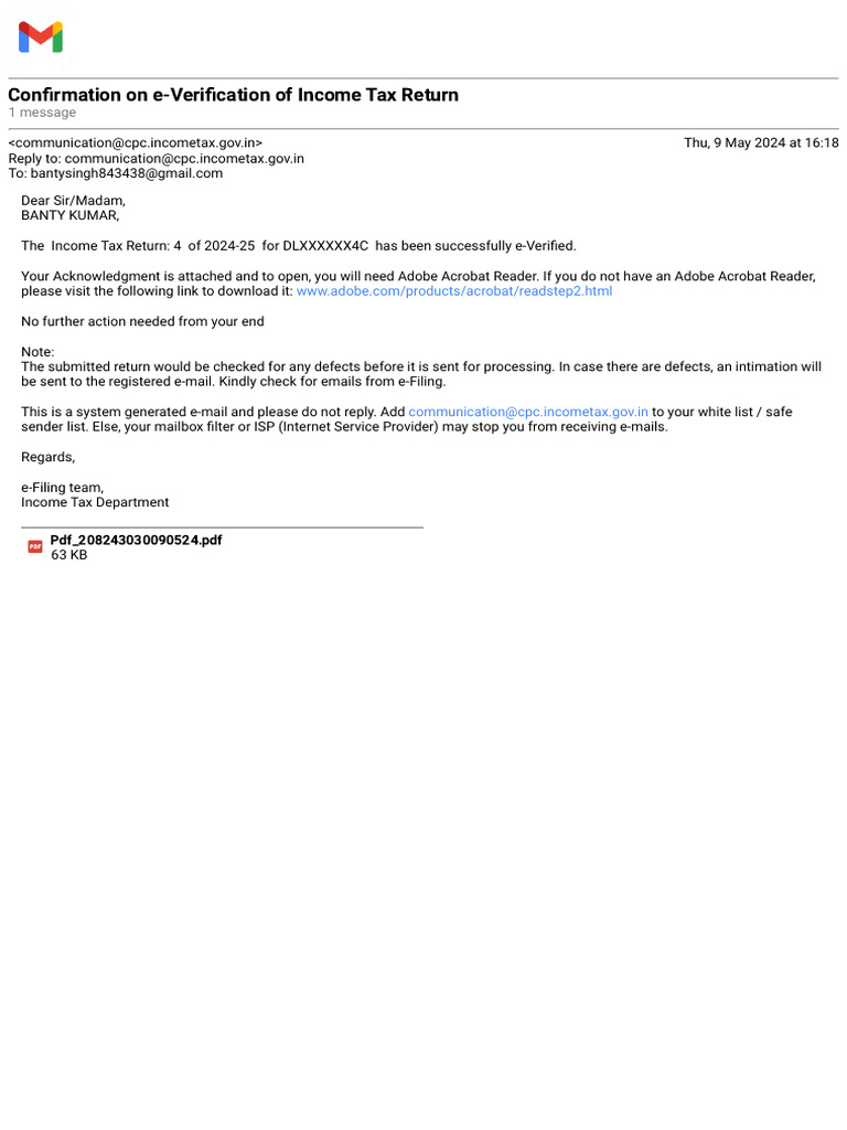 Gmail - Confirmation On E-Verification of Income Tax Return | PDF
