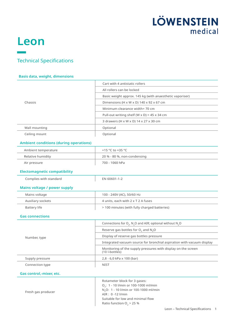 Leon Anesthesia Machine Specs | PDF