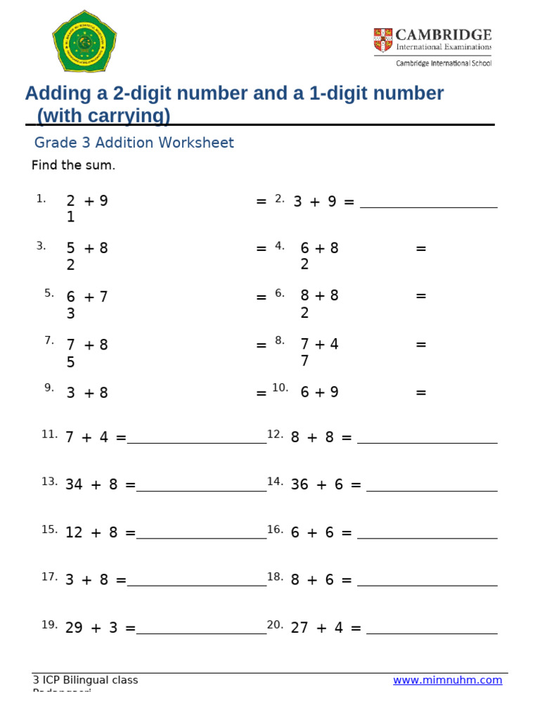 Grade 3 Adding 2 Digit Plus 1 Digit A | PDF