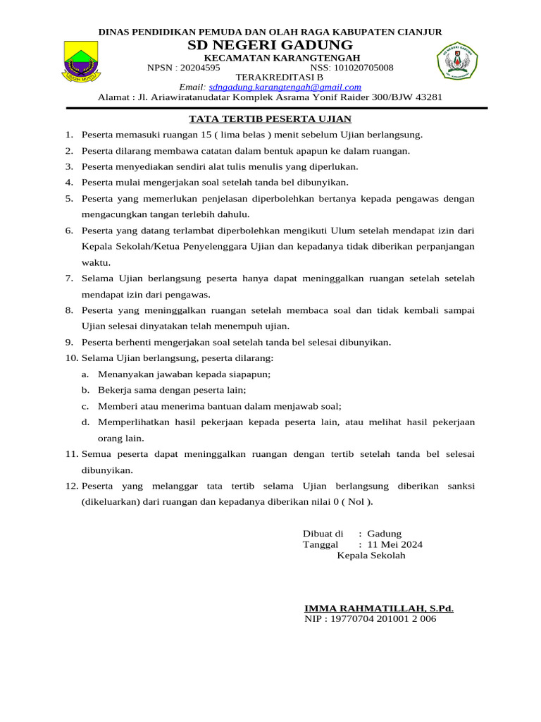 Tata Tertib Ujian SD Negeri Gadung | PDF