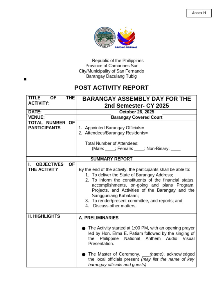 Barangay Assembly Day Report 2025 | PDF
