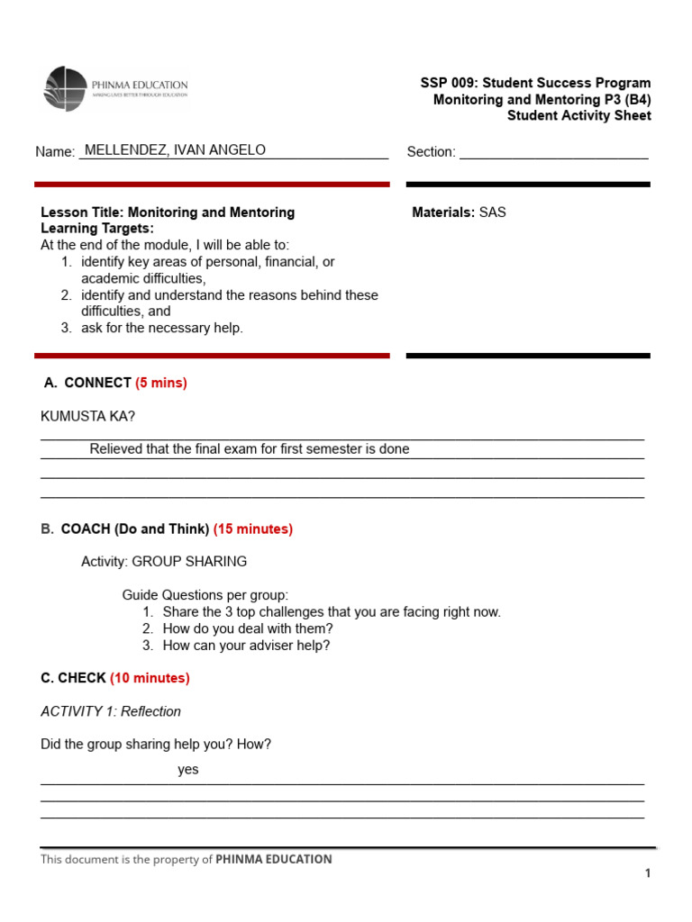 Student Success Program Activity Sheet | PDF