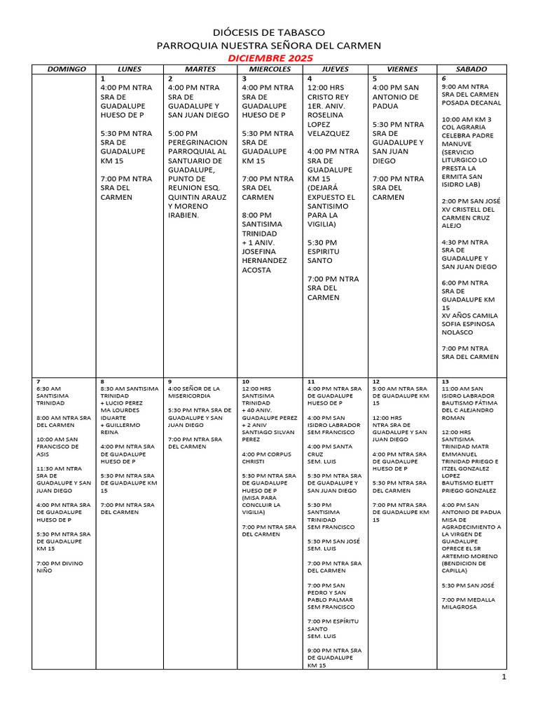 Calendario Diciembre 2025 Parroquia Carmen | PDF | Fiestas cristianas y ...