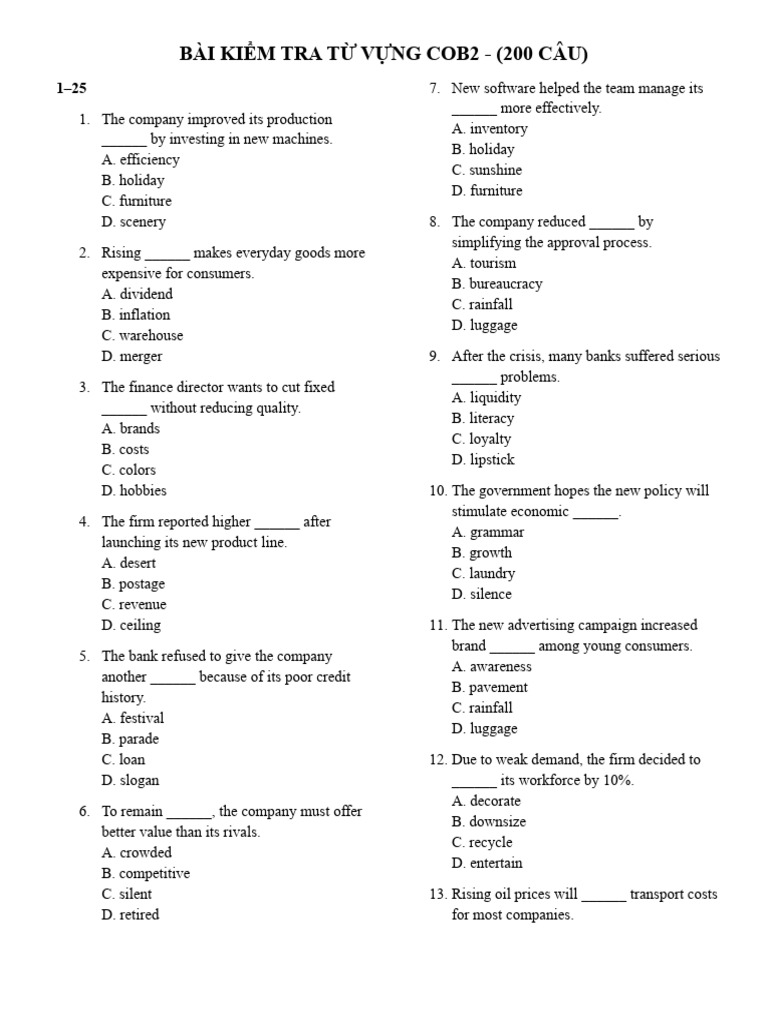 COB2 Vocabulary Test: 200 Questions | PDF | Banks | Interest