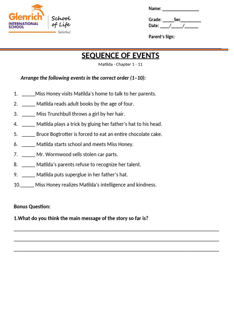 Matilda Chapter 1-11 Event Sequence | PDF