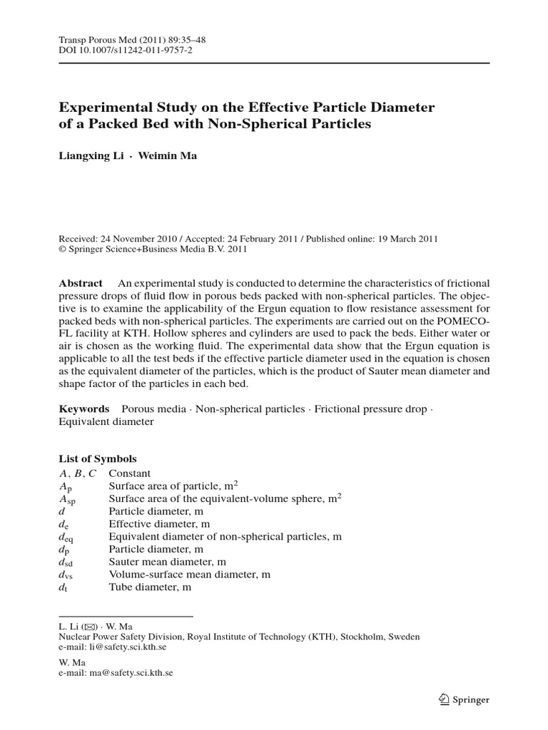 Experimental Study On The Effective Particle Diameter of A Packed Bed ...