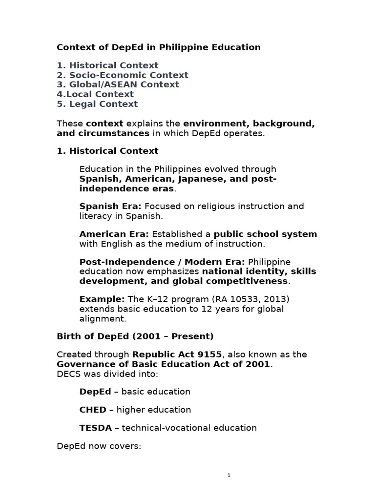 DepEd Context in Philippine Education | PDF | Curriculum | Teachers