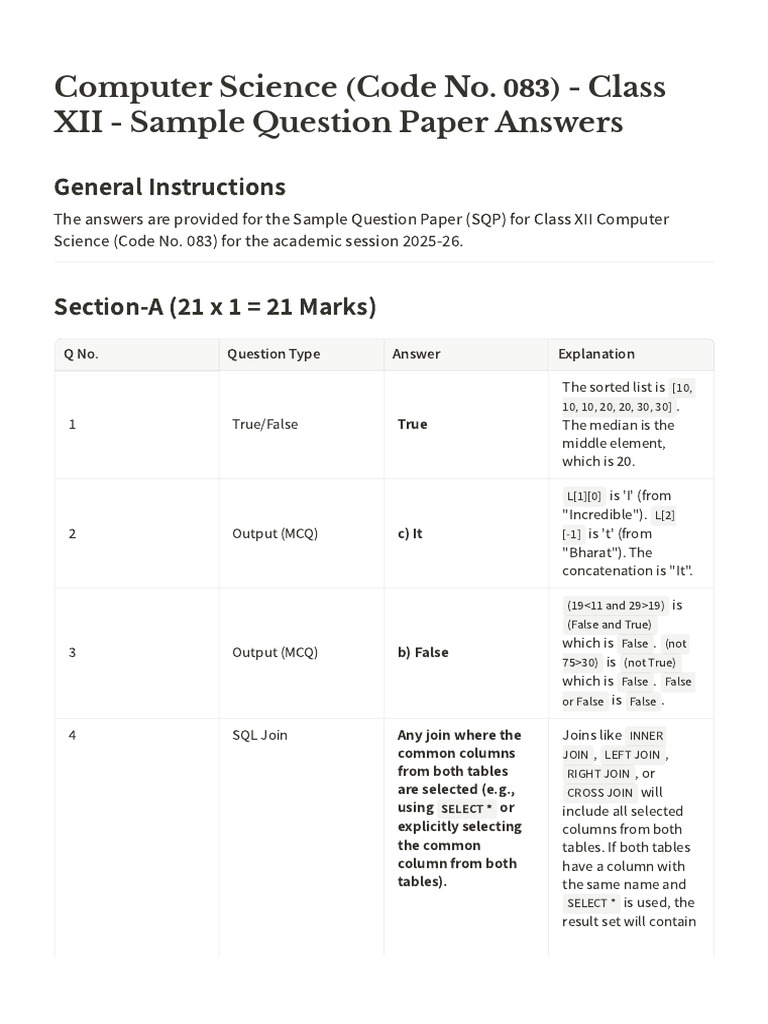 Class XII Computer Science SQP Answers | PDF | Control Flow | Databases