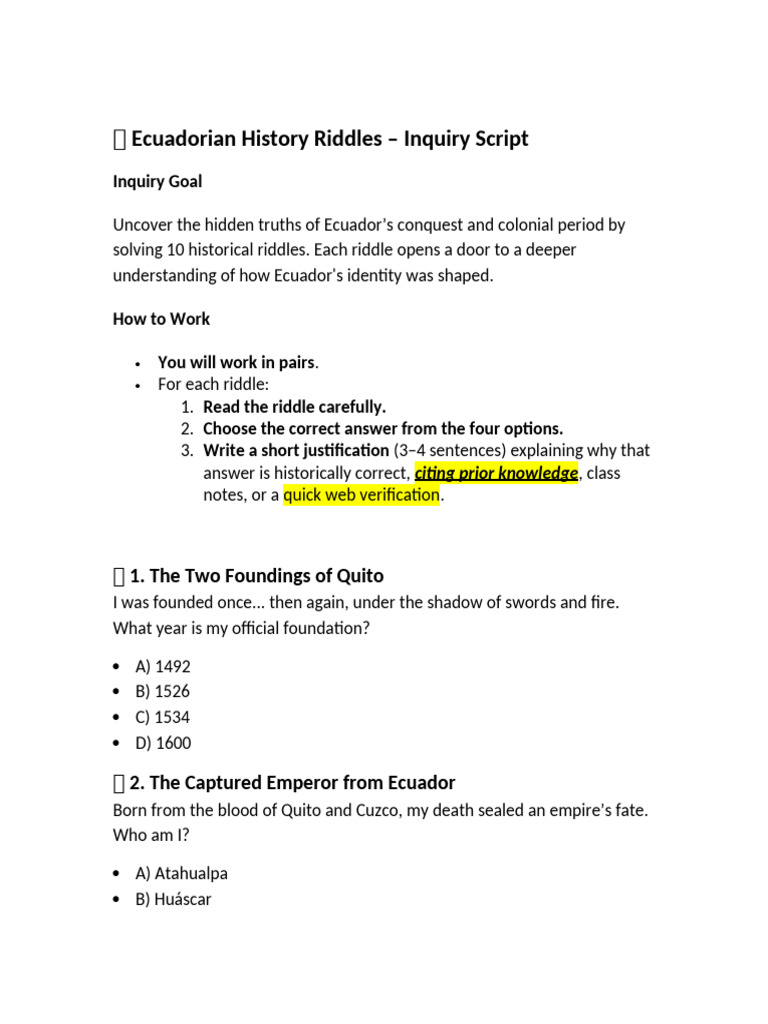 Ecuador History Riddles for Learning | PDF | Ecuador | Former Spanish ...