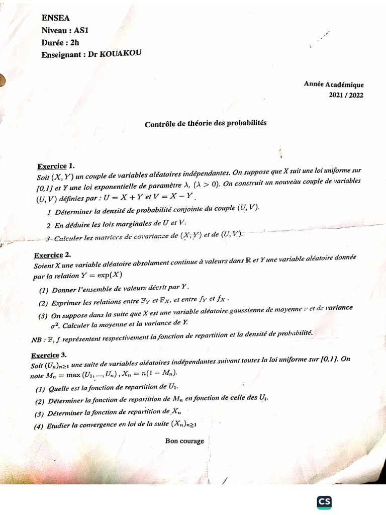 Evaluation Théorie Des Probas | PDF