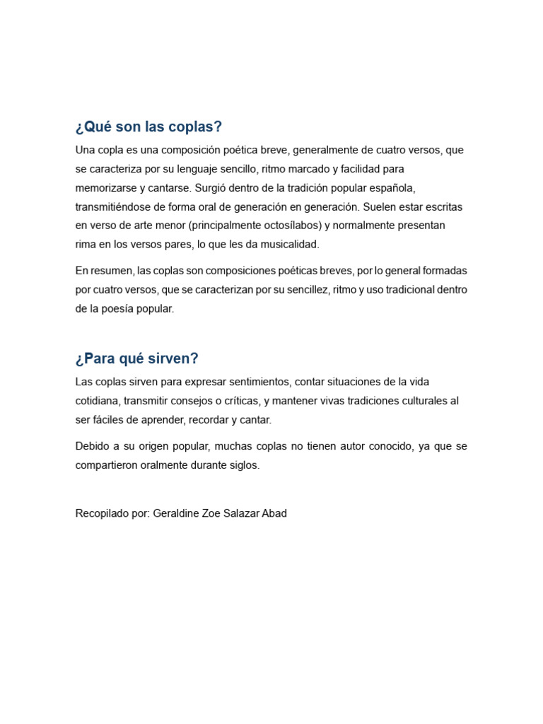 Qué son las coplas: poesía popular breve | PDF
