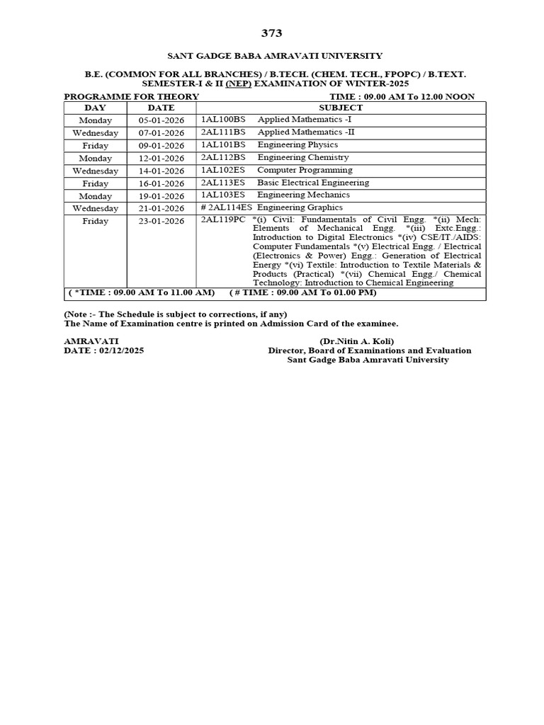 Winter 2025 Exam Schedule for B.E./B.Tech. | PDF | Engineering ...