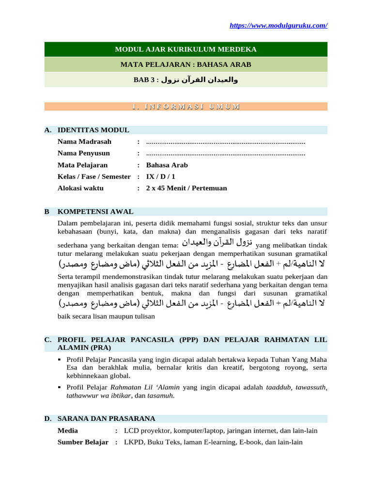 Modul Ajar Bahasa Arab Kelas IX | PDF