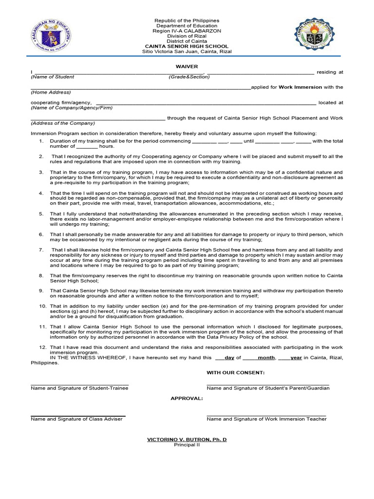 Cainta Senior High School Work Immersion Waiver | PDF | Private Law ...