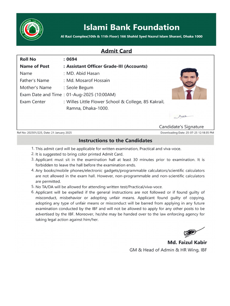 IBF Admit Card - 202502025353MD. Abid Hasan | PDF