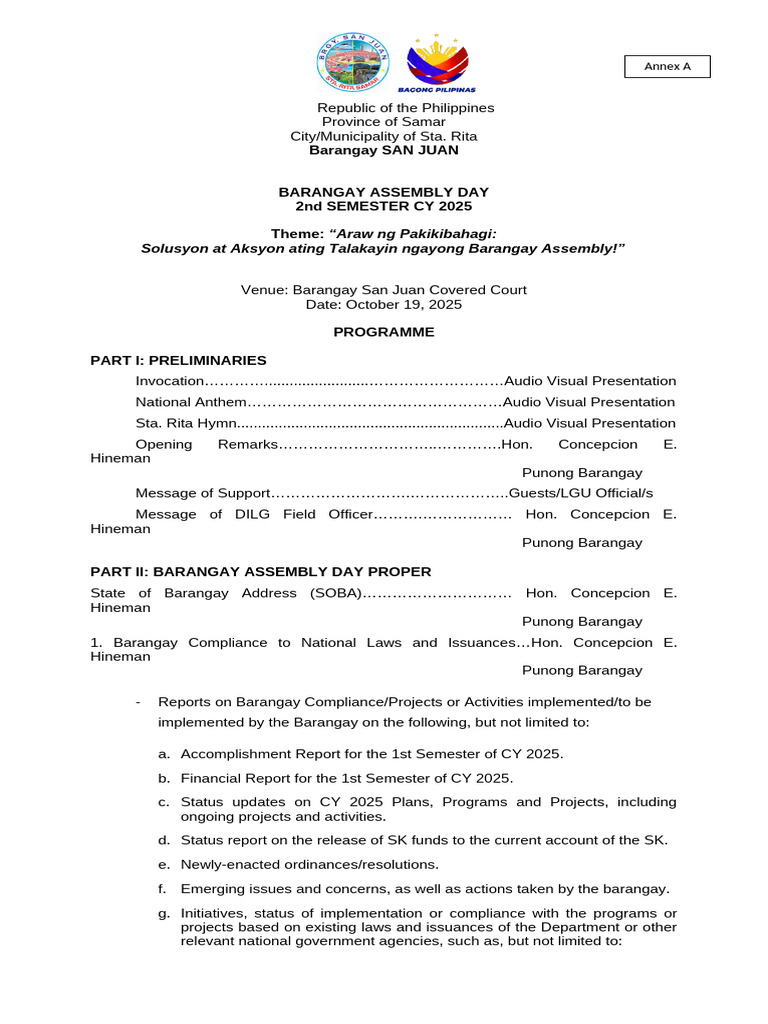 Barangay Assembly Day Program 2025 | PDF