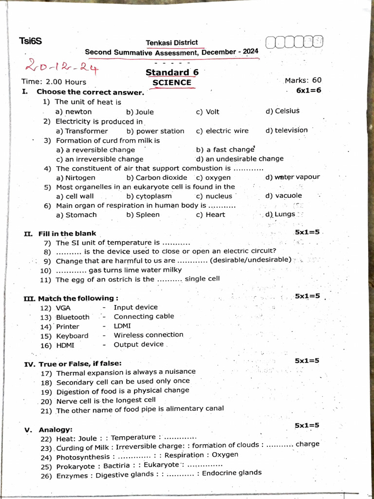 Science Assessment for Standard 6 | PDF | Cell (Biology) | Biology