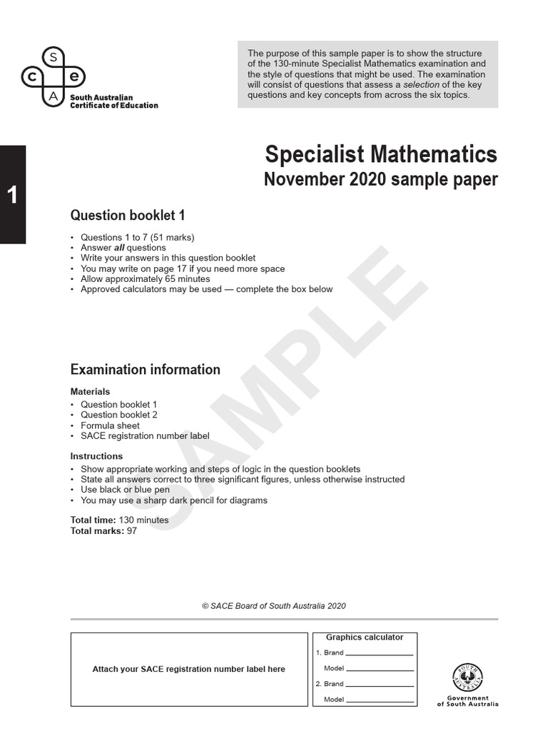 Specialist Mathematics - 2020 November Sample Paper - Book 1 | PDF ...