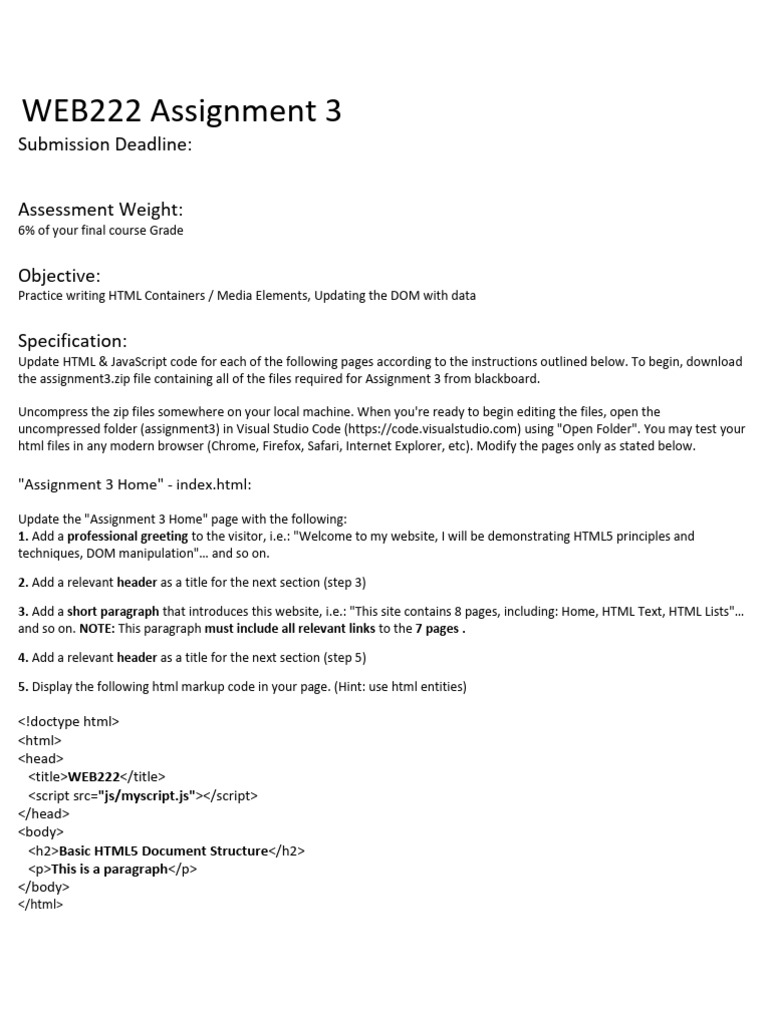 WEB222 HTML Assignment 3 Guide | PDF | Html | Document Object Model