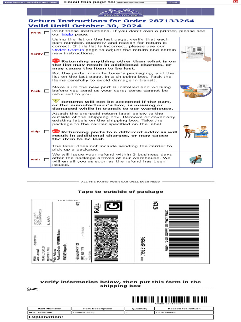 Return Instructions for Order 287133264 | PDF