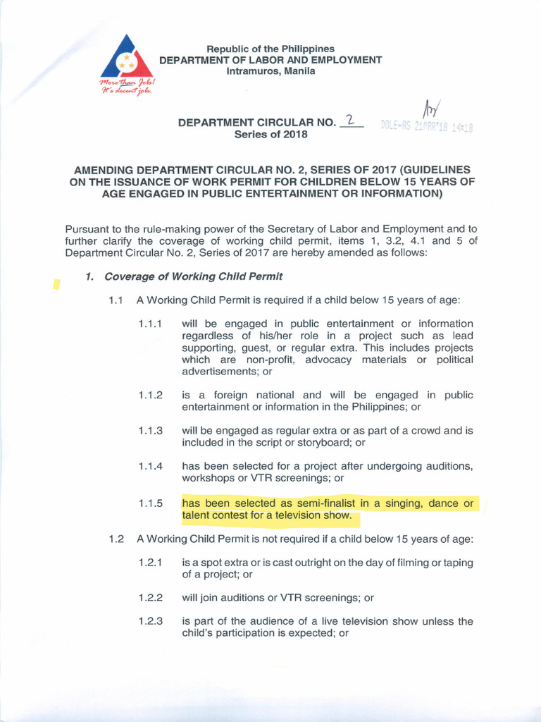 Law - Irr Dc No. 2 (2018) Rules on Child Working Permit | PDF