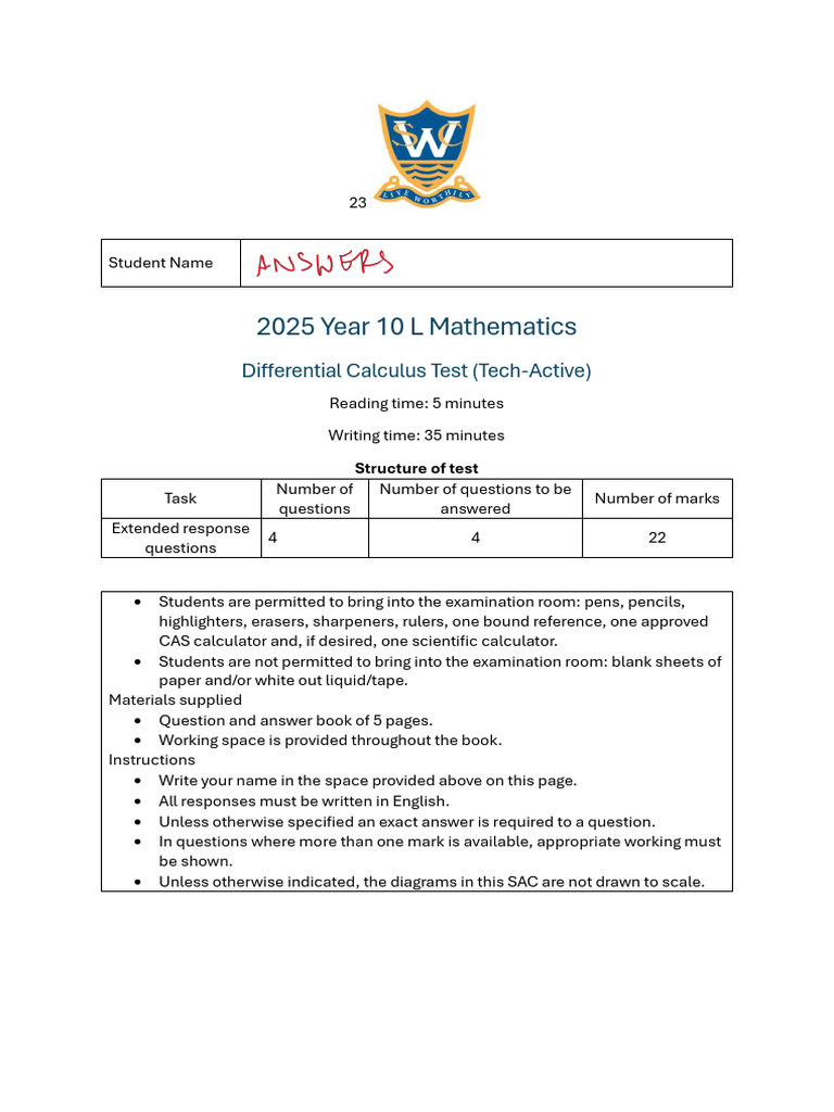 2025 Year 10 L Mathematics Test | PDF | Tangent | Mathematics