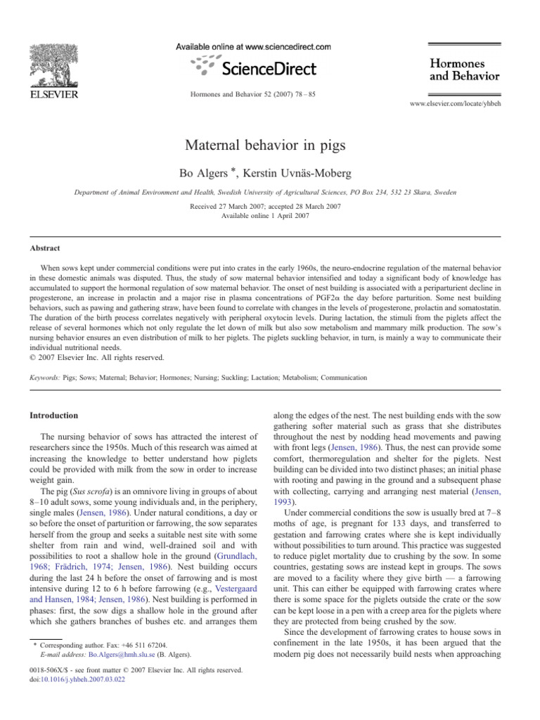 Hormonal Regulation of Sow Maternal Behavior | PDF | Domestic Pig ...