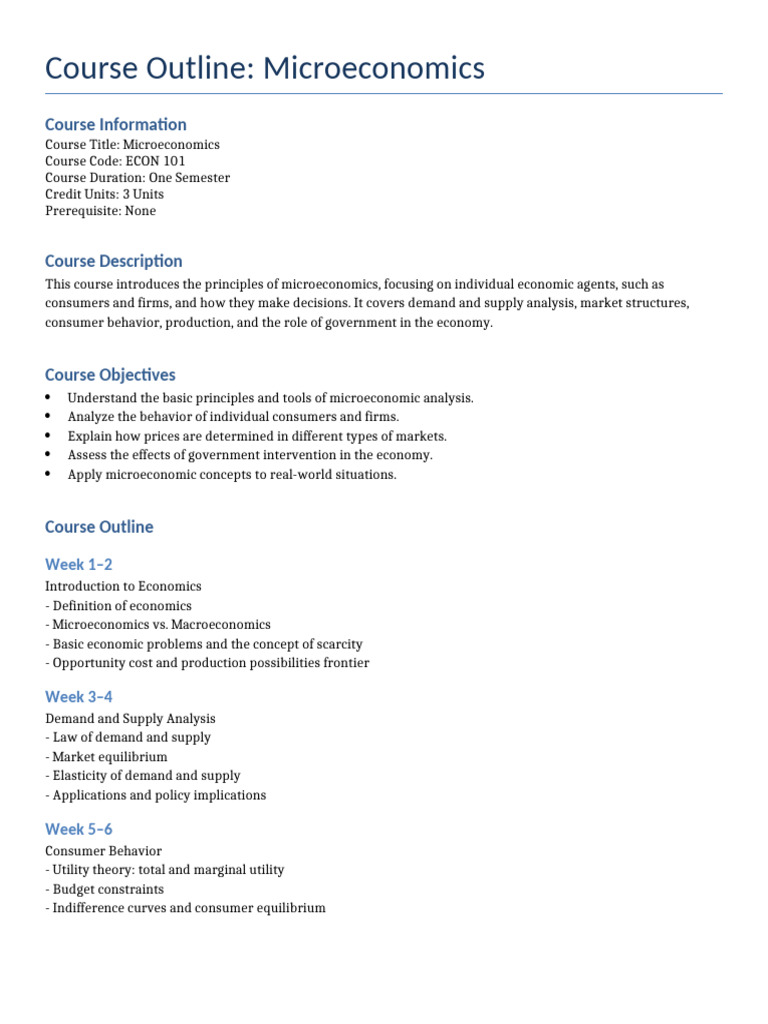 Microeconomics Course Outline ECON 101 | PDF