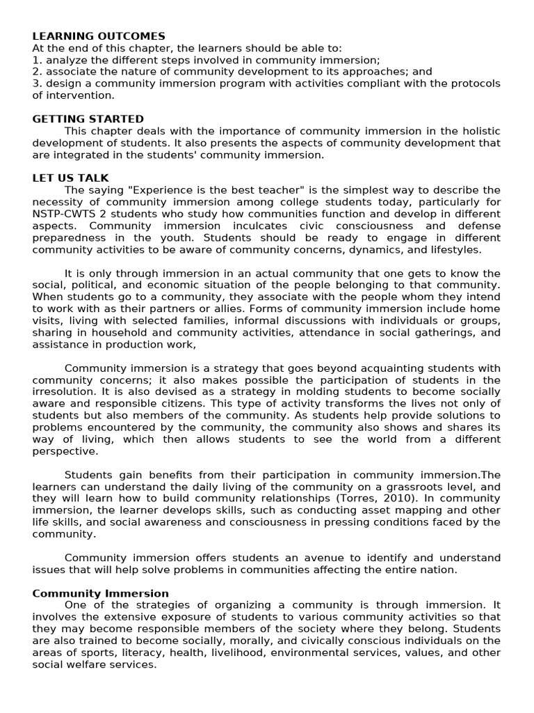 Community Immersion for Student Development | PDF | Community | Learning