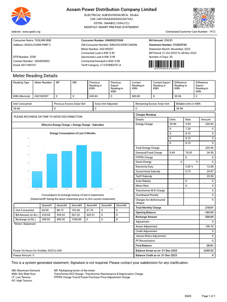 November 2025 Pre-Paid Electricity Bill | PDF | Solar Power ...