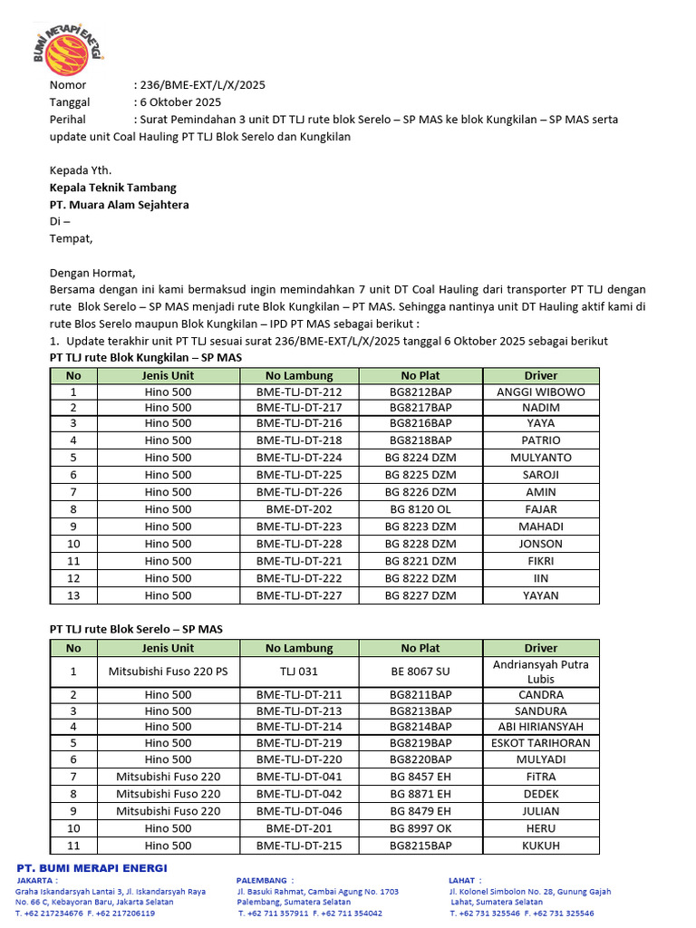 Pemindahan Unit DT Coal Hauling PT TLJ | PDF