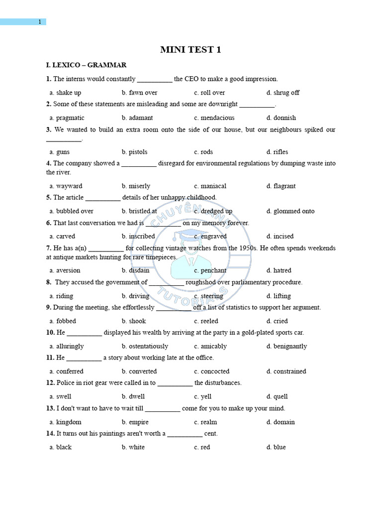 Mini Test: Vocabulary and Grammar Skills | PDF