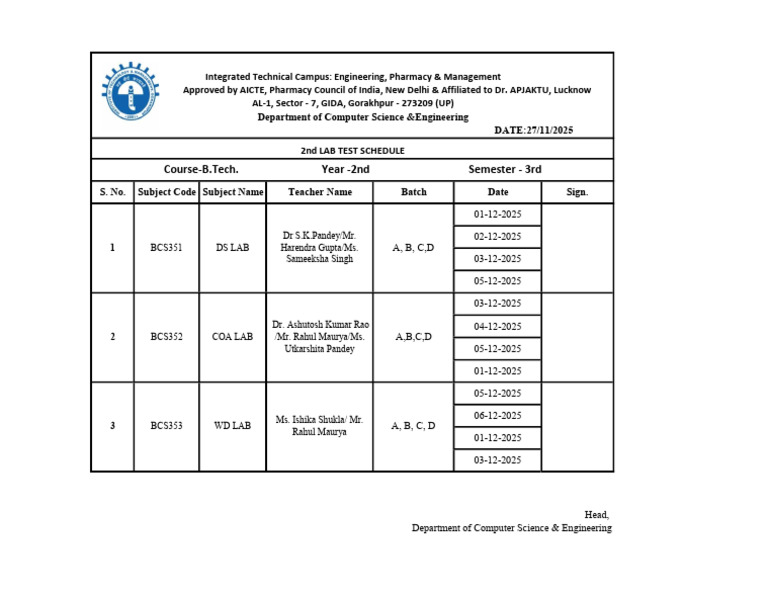 2nd B.Tech Lab Test Schedule | PDF
